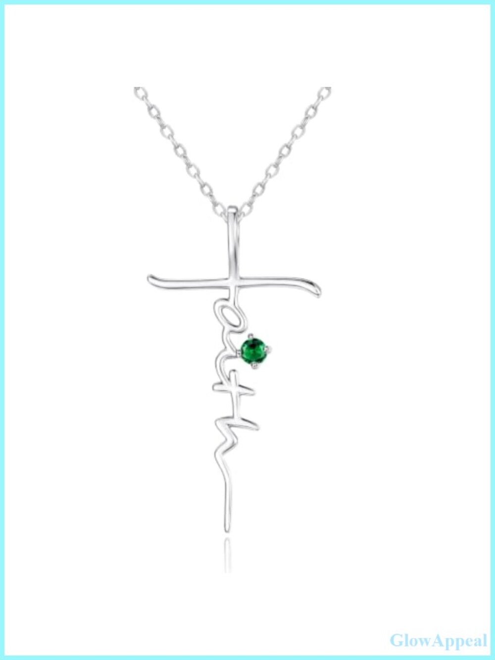 White Gold Plated Faith Cross Pendant Necklace with Emerald Christian Jewelry